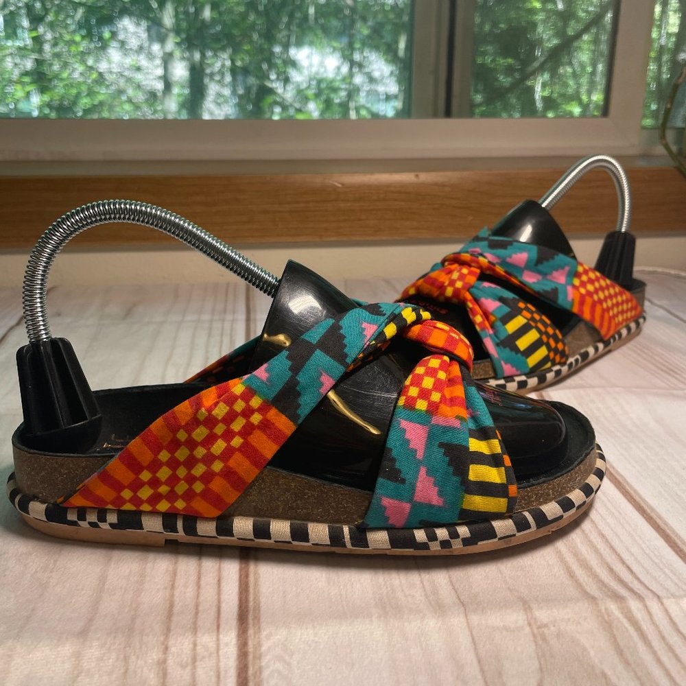 Charlotte Stone Sandals Women's 7 (37) Criss Cross Color Leather Slide Fabric